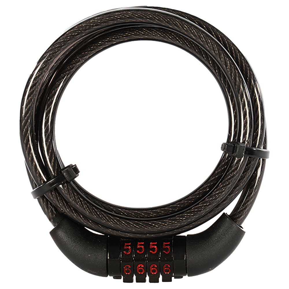 A black self-coiling combination cable lock with a 4-digit combination lock mechanism visible.
