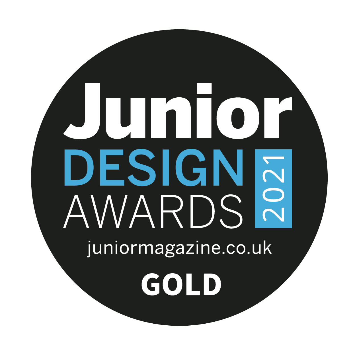 Junior Design Awards 2021 gold winner badge on a blue background
