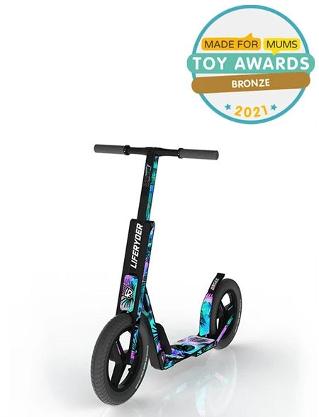 LIFERYDER INFINITY big wheel scooter with 'Made for Mums Toy Awards Bronze 2021' badge on a white background