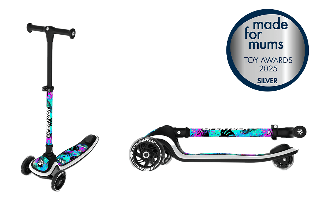 LIFERYDER HALO 3 wheel Children's scooter with colorful design and 'made for mums' toy award badge on a white background