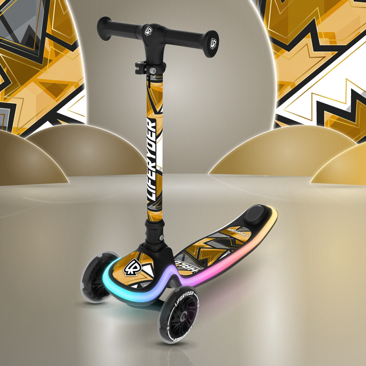 LIFERYDER HALO 24ct Gold three-wheel scooter, front three-quarter view