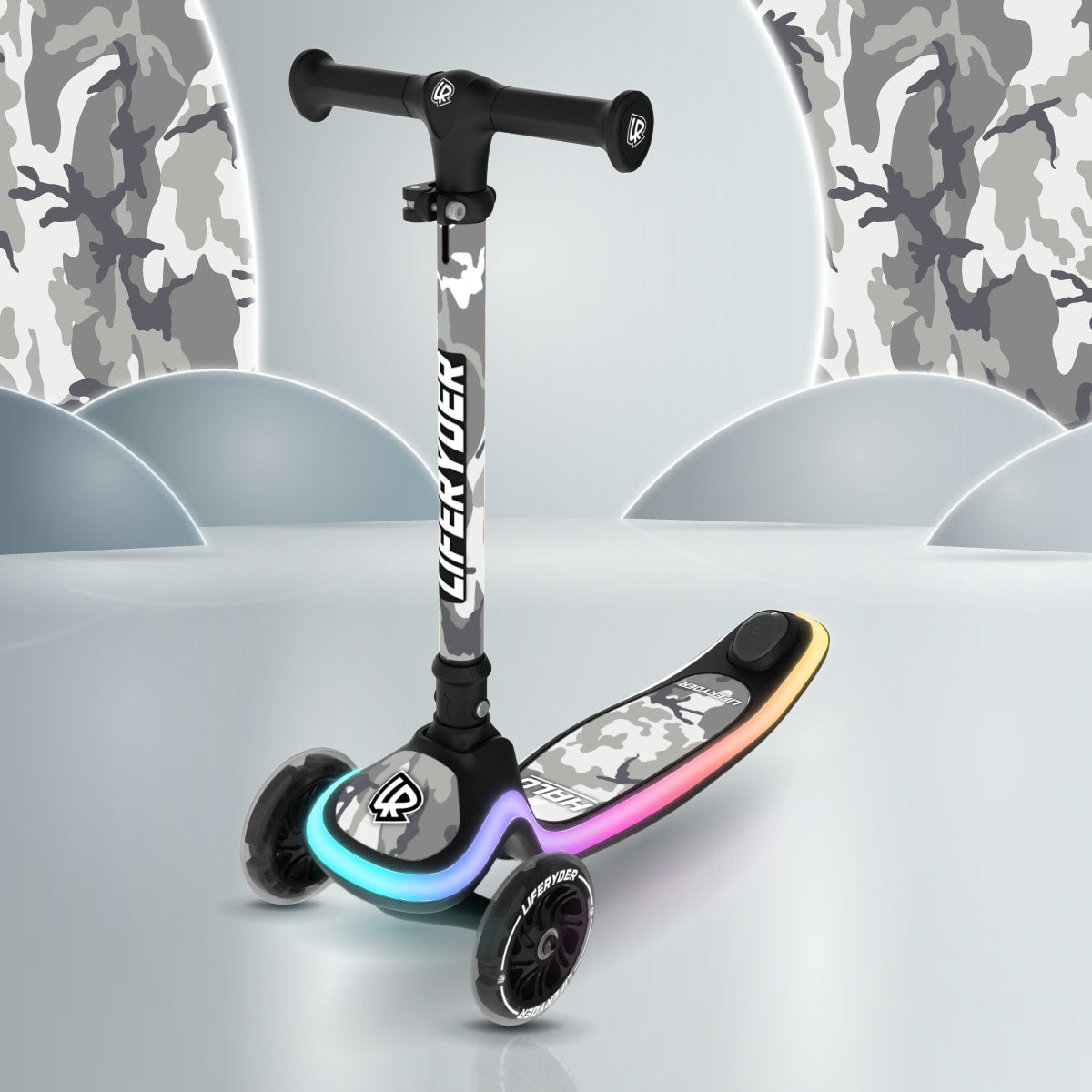 LIFERYDER HALO Arctic Camo three-wheel scooter, front three-quarter view