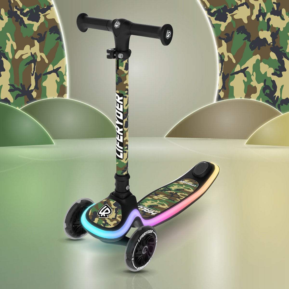 LIFERYDER HALO Army Camo three-wheel scooter, front three-quarter view