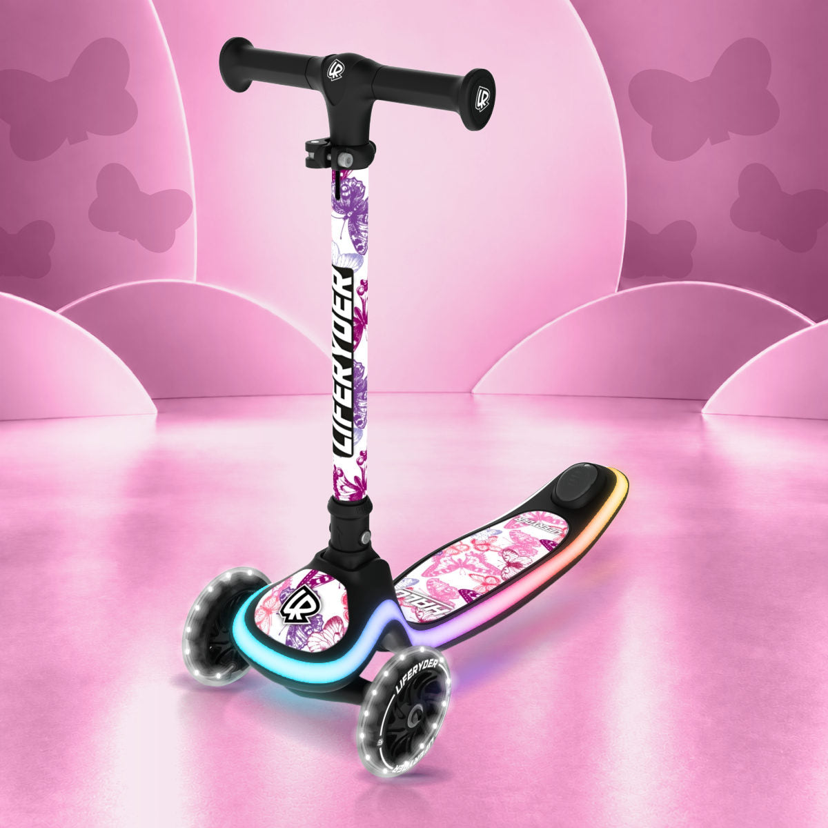 LIFERYDER HALO Butterflies three-wheel scooter, front three-quarter view