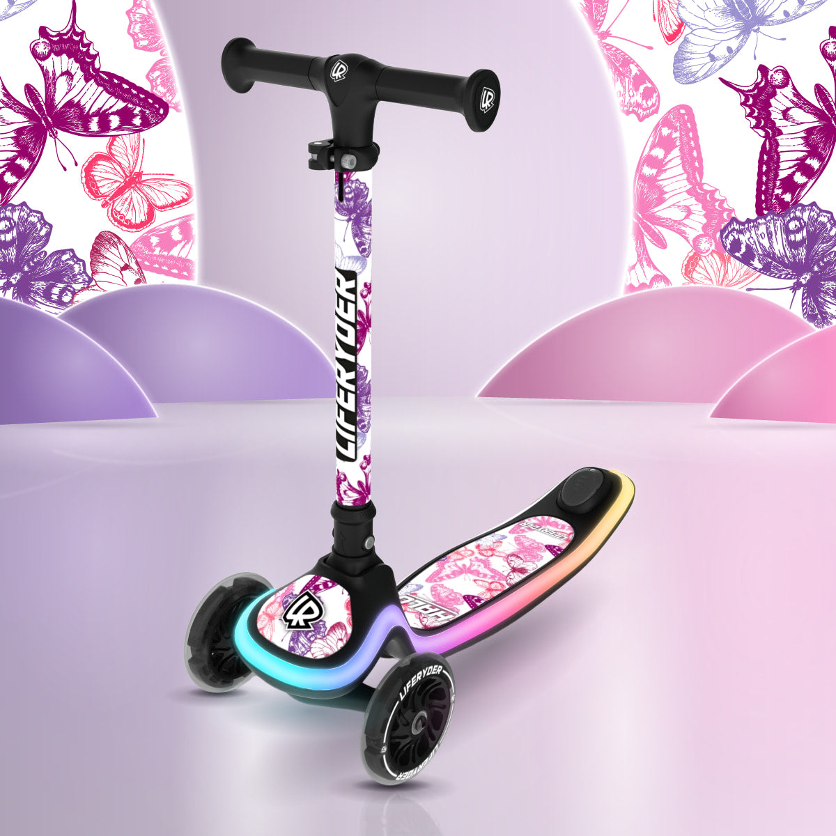 LIFERYDER HALO Butterflies three-wheel scooter, front three-quarter view