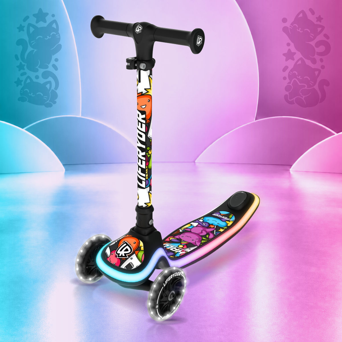 LIFERYDER HALO Carnival Cats three-wheel scooter, front three-quarter view