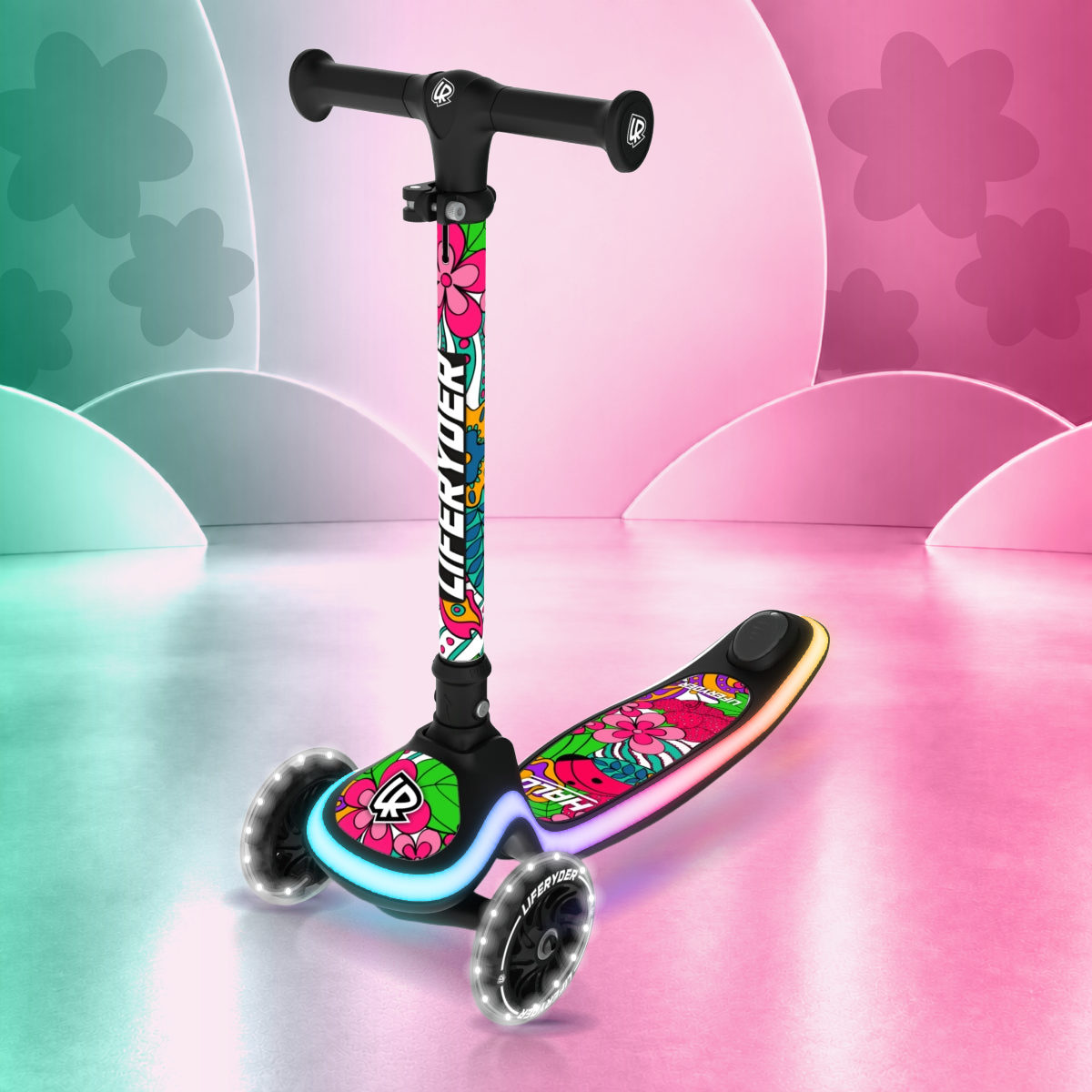 LIFERYDER HALO Flower Power three-wheel scooter, front three-quarter view