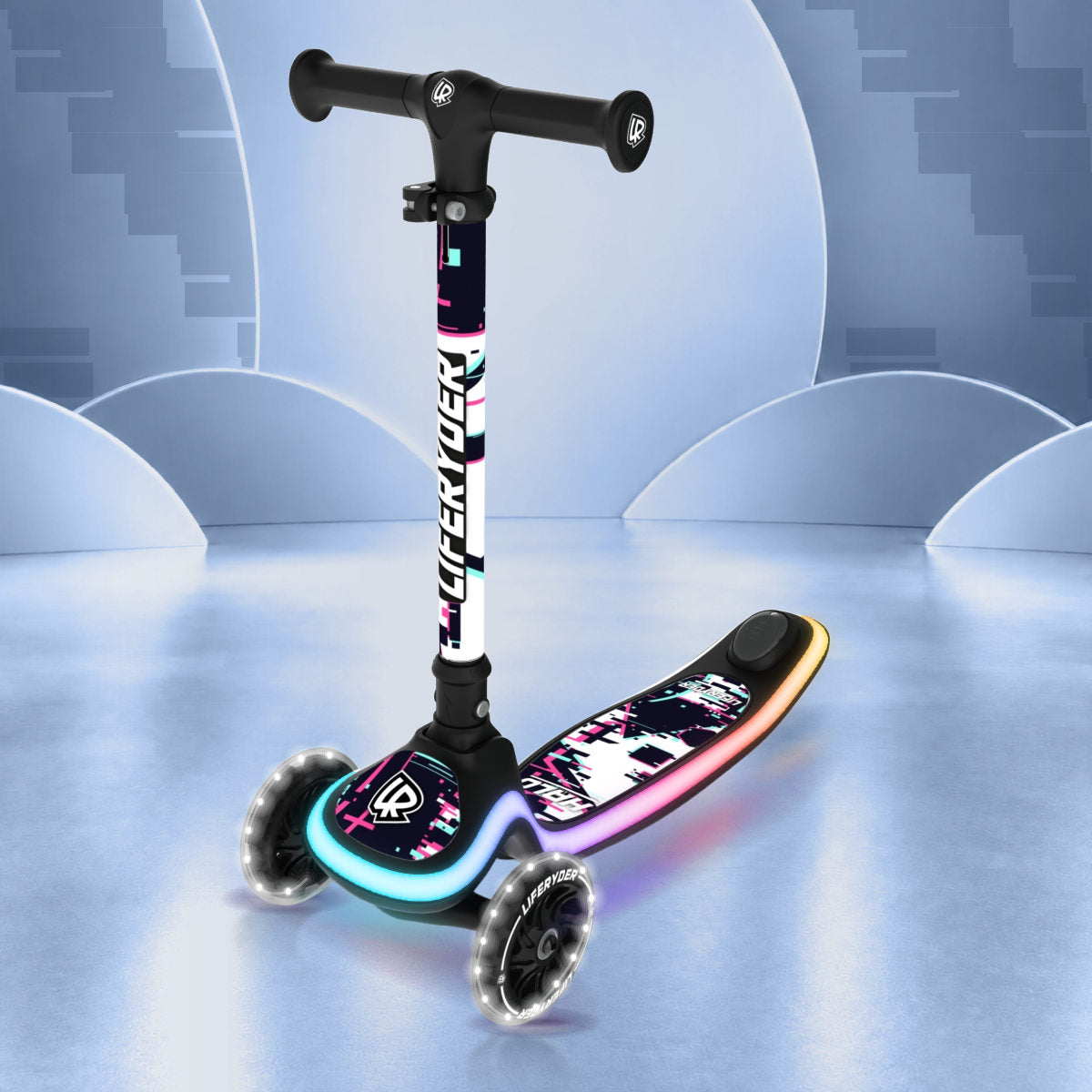 LIFERYDER HALO Glitch three-wheel scooter, front three-quarter view