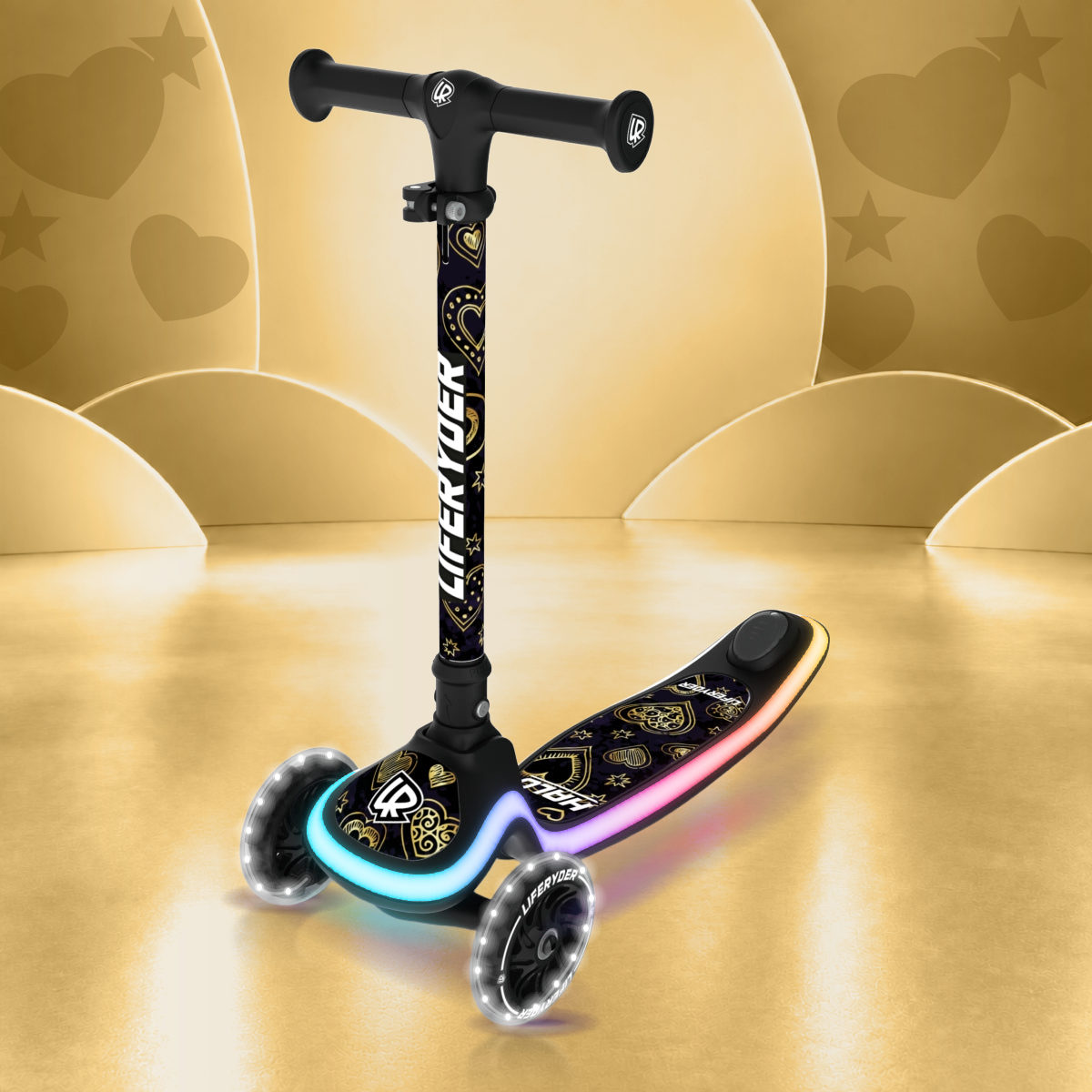 LIFERYDER HALO Hearts of Gold three-wheel scooter, front three-quarter view