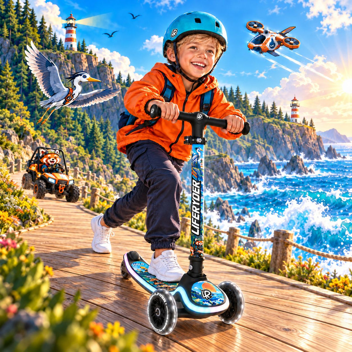 LIFERYDER HALO LookOut three-wheel scooter in an imaginative coastal adventure scene