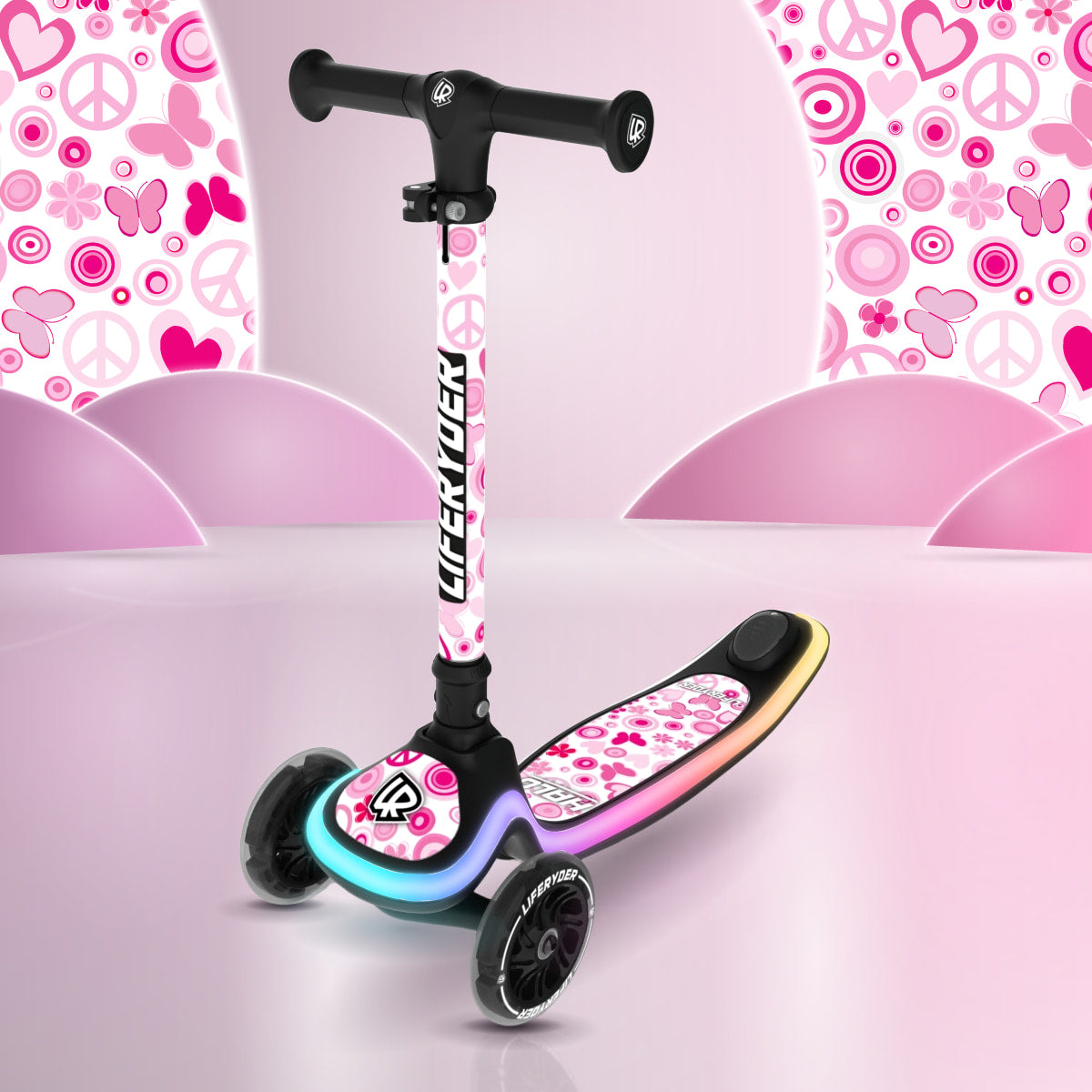LIFERYDER HALO Peace & Love three-wheel scooter, front three-quarter view