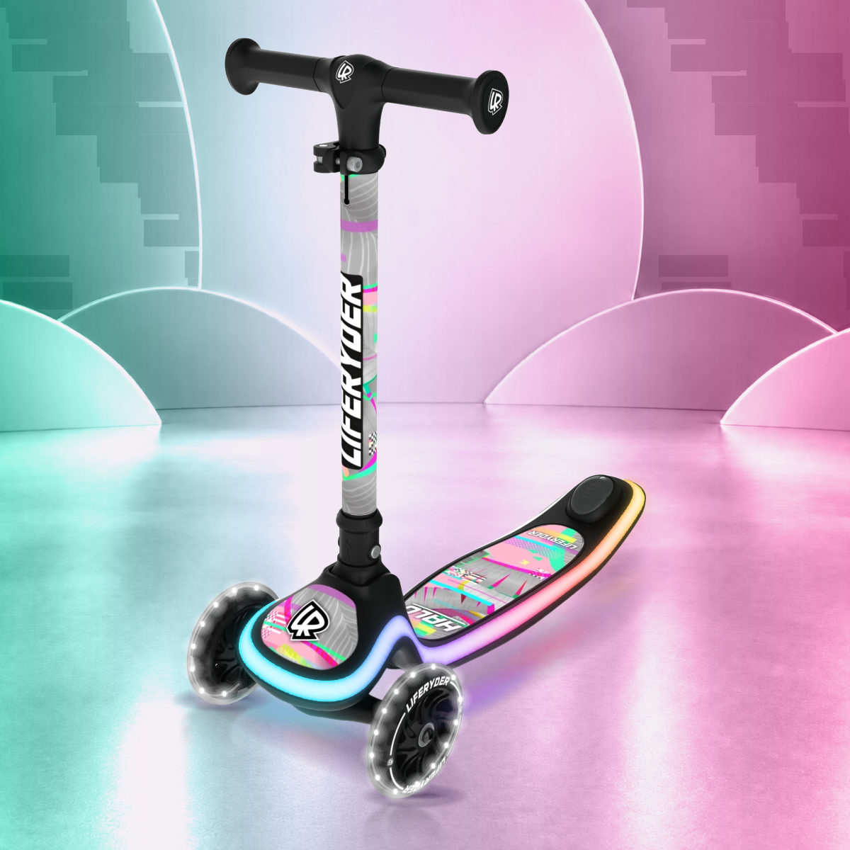 LIFERYDER HALO Pink Glitch three-wheel scooter, front three-quarter view
