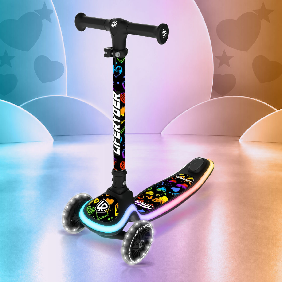 LIFERYDER HALO Rainbow Hearts three-wheel scooter, front three-quarter view