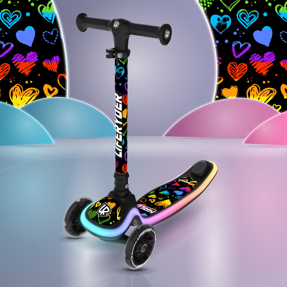 LIFERYDER HALO Rainbow Hearts three-wheel scooter, front three-quarter view