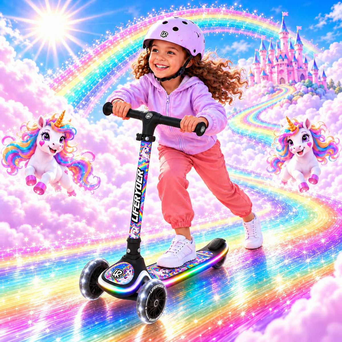 LIFERYDER HALO Rainbow Sparkle three-wheel scooter in an imaginative rainbow unicorn scene