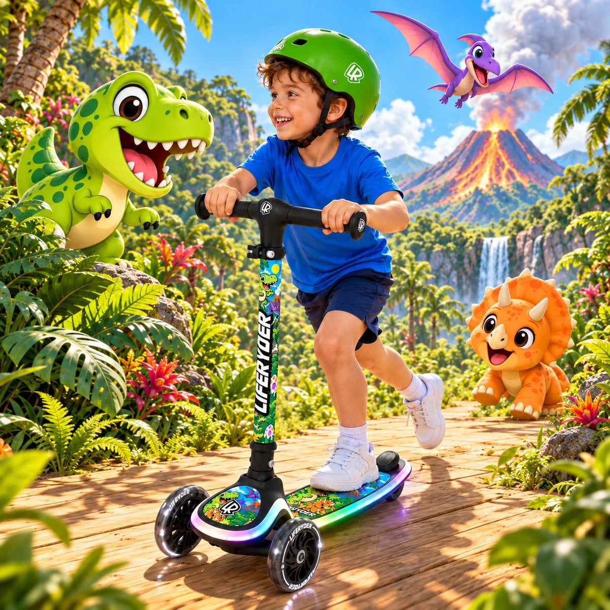 LIFERYDER HALO Roarsome three-wheel scooter in an imaginative dinosaur scene