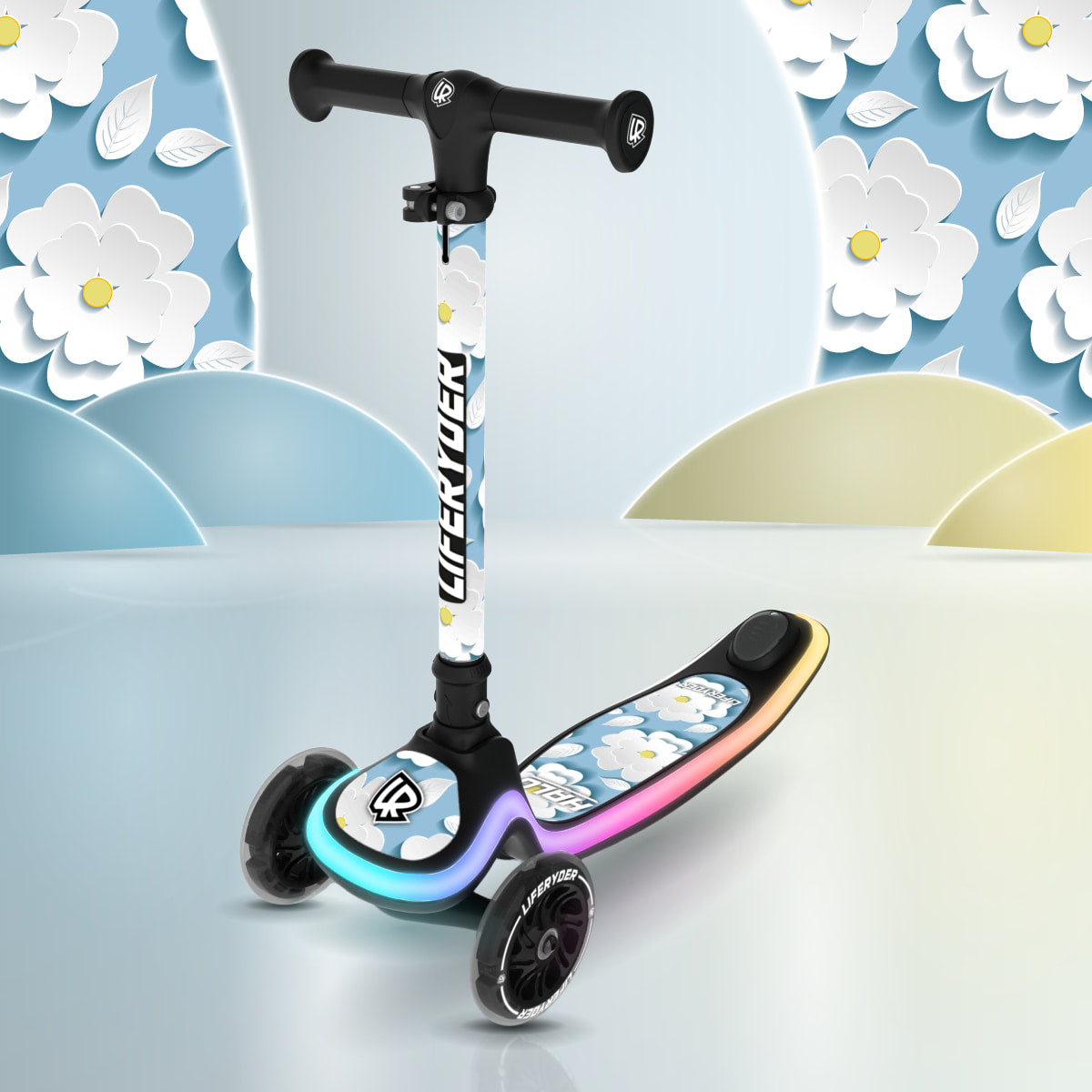LIFERYDER HALO Sakura Clouds three-wheel scooter, front three-quarter view