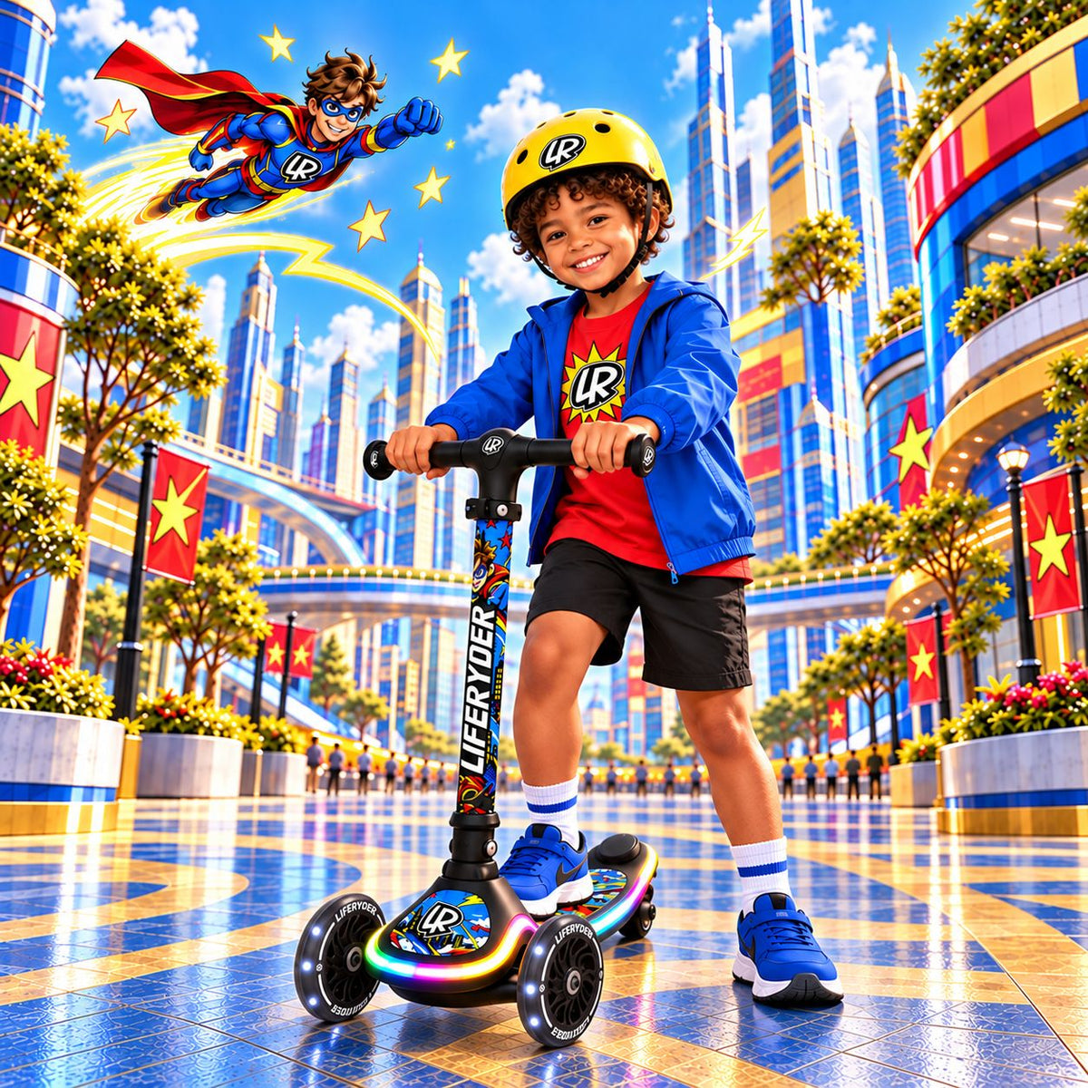 LIFERYDER HALO SkyBolt three-wheel scooter in an imaginative superhero scene