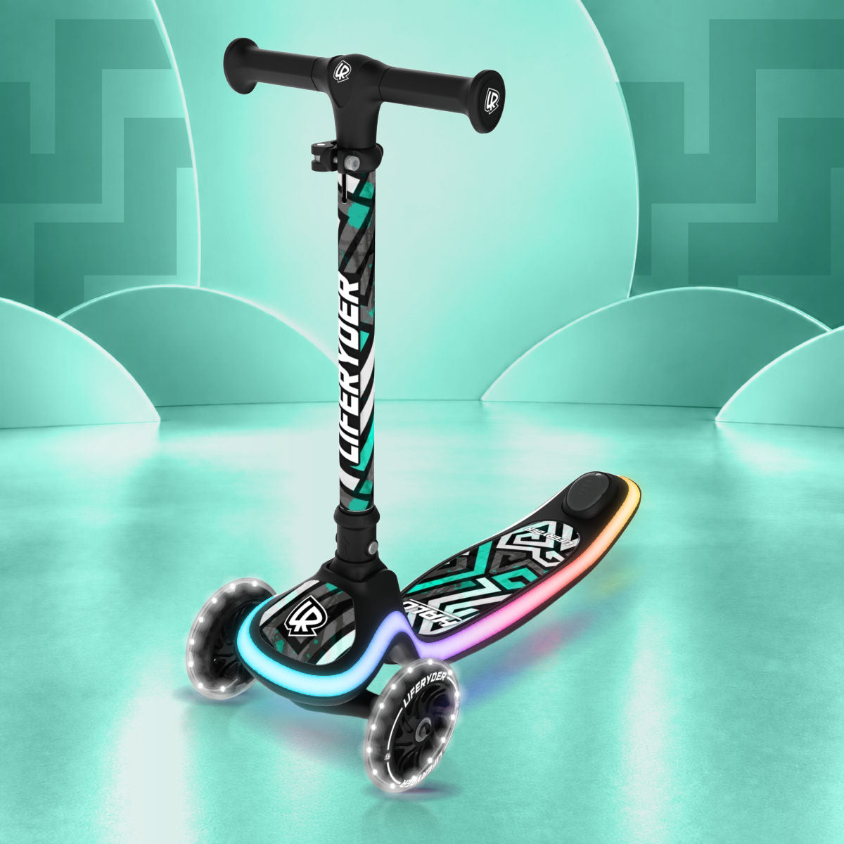 LIFERYDER HALO Spearmint Maze three-wheel scooter, front three-quarter view