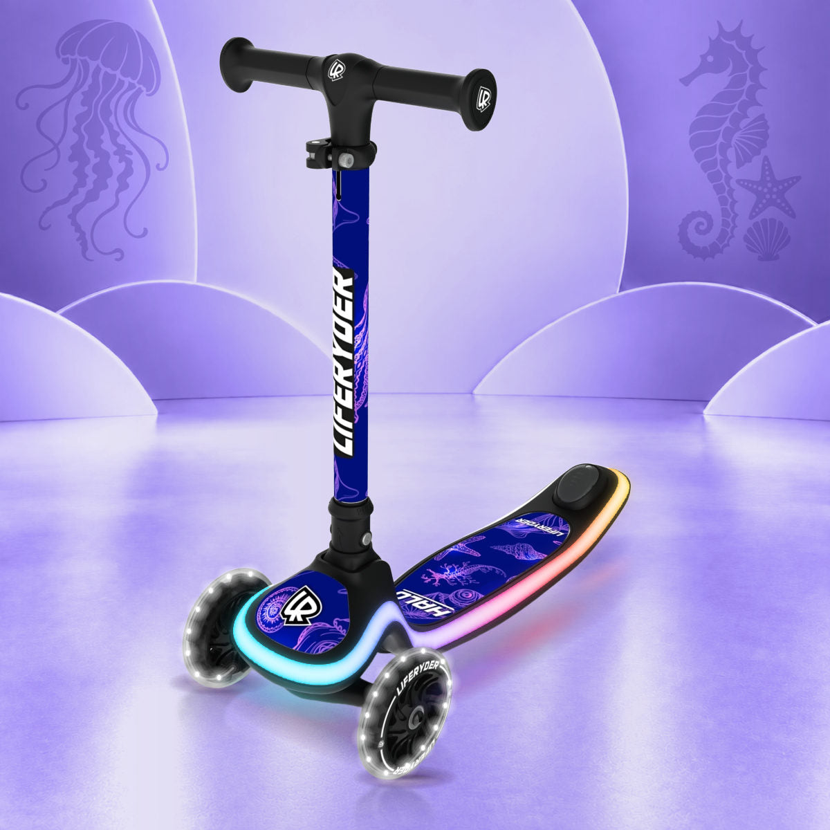 LIFERYDER HALO Ultraviolet three-wheel scooter, front three-quarter view