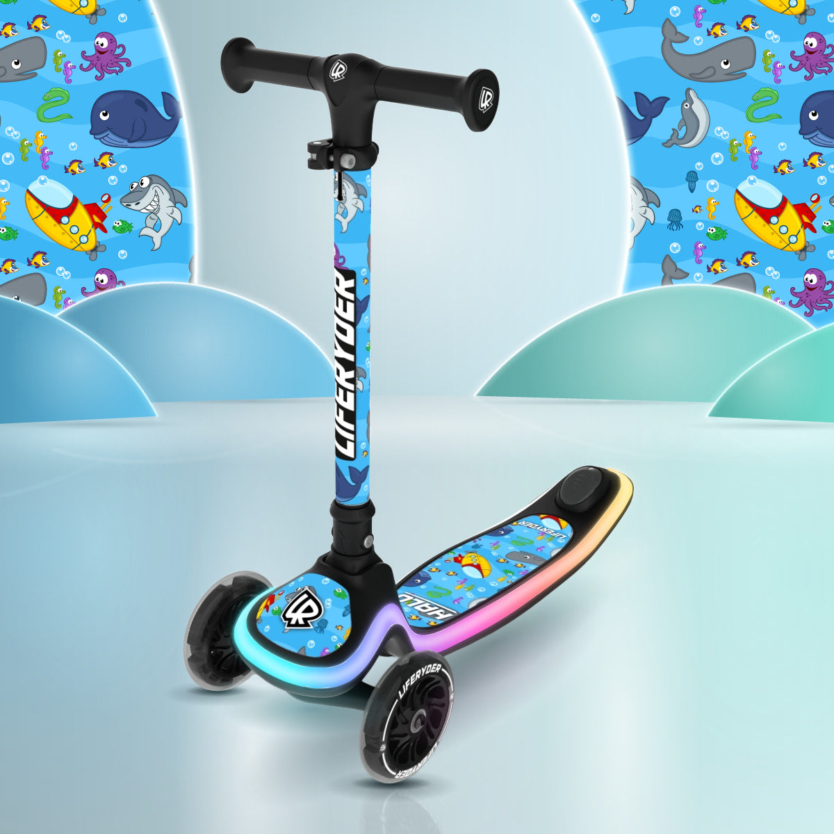 LIFERYDER HALO Under the Sea three-wheel scooter, front three-quarter view
