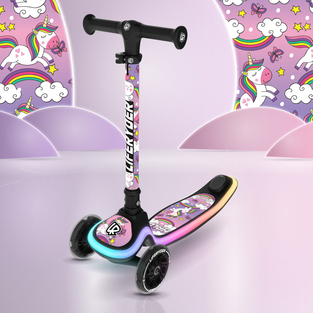 LIFERYDER HALO Unicorn three-wheel scooter, front three-quarter view