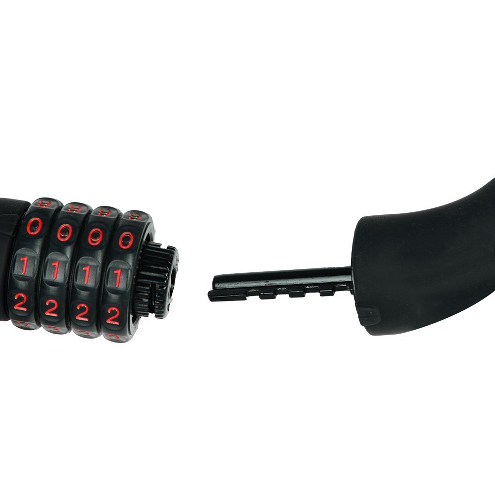 An open Black combination cable lock with red numbers on a white background