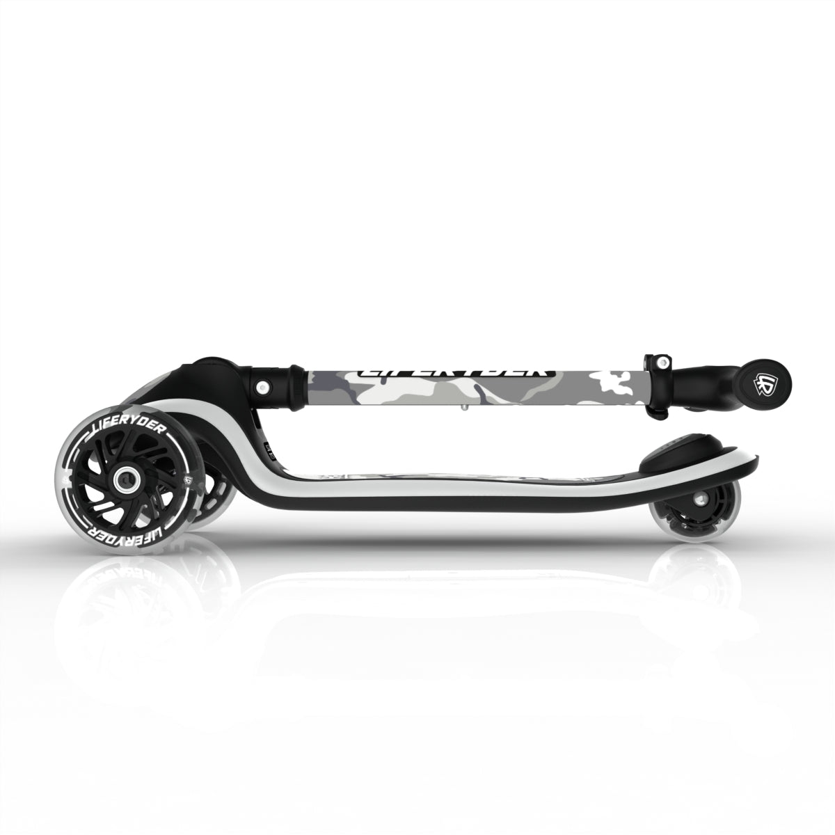 LIFERYDER HALO Arctic Camo foldable 3 wheel scooter folded view