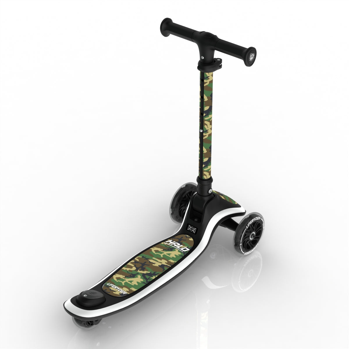 LIFERYDER HALO Army Camo 3 wheel kids scooter rear view