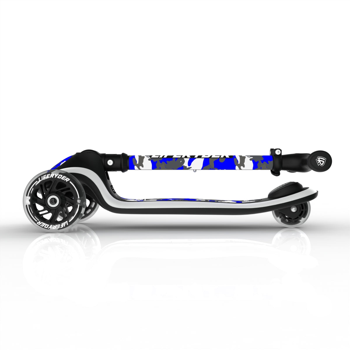 LIFERYDER HALO Blue Storm foldable 3 wheel scooter folded view