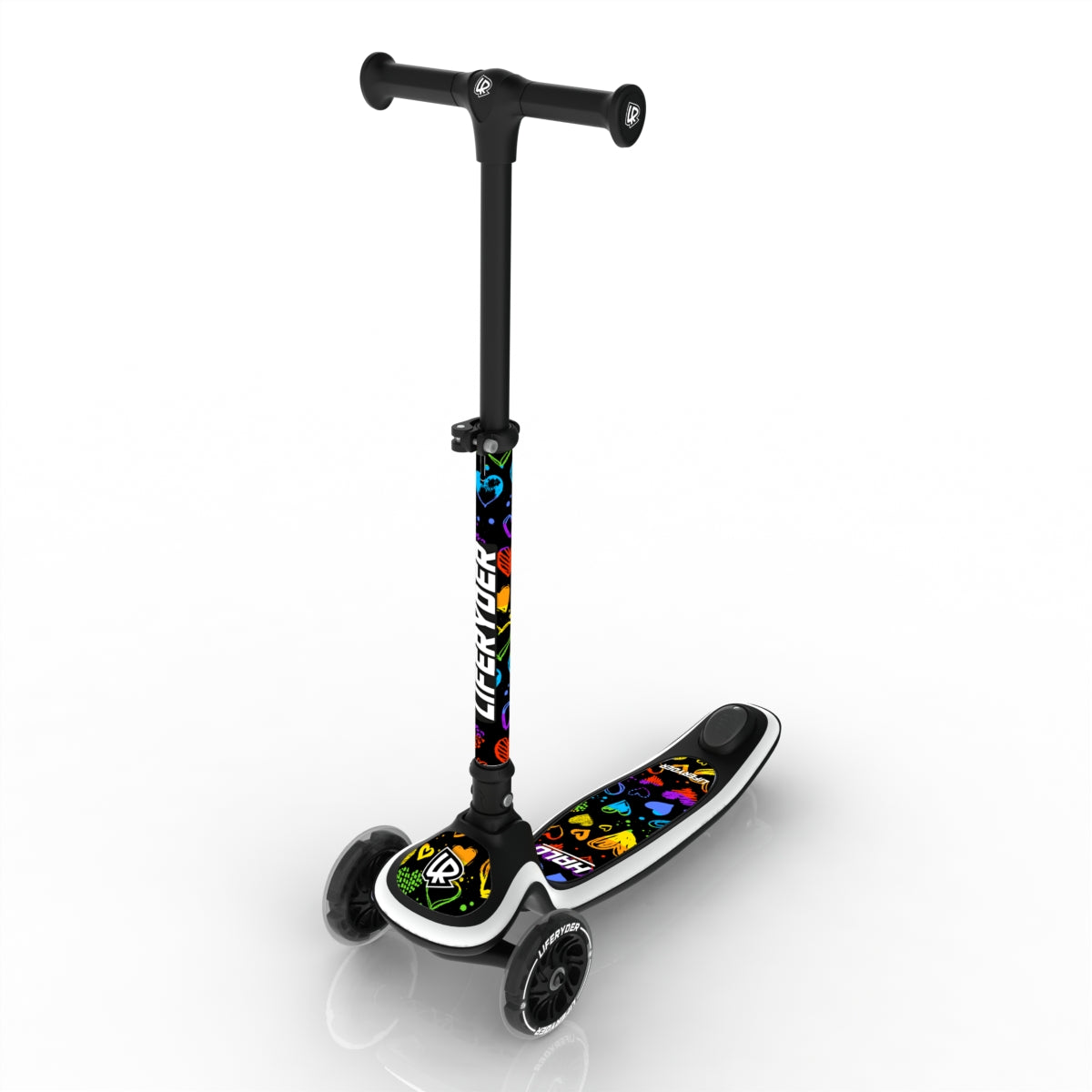 LIFERYDER HALO Rainbow Hearts adjustable height toddler scooter extended view