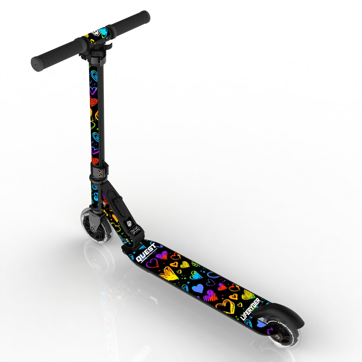 LIFERYDER QUEST Rainbow Hearts foldable 2 wheel scooter rear view