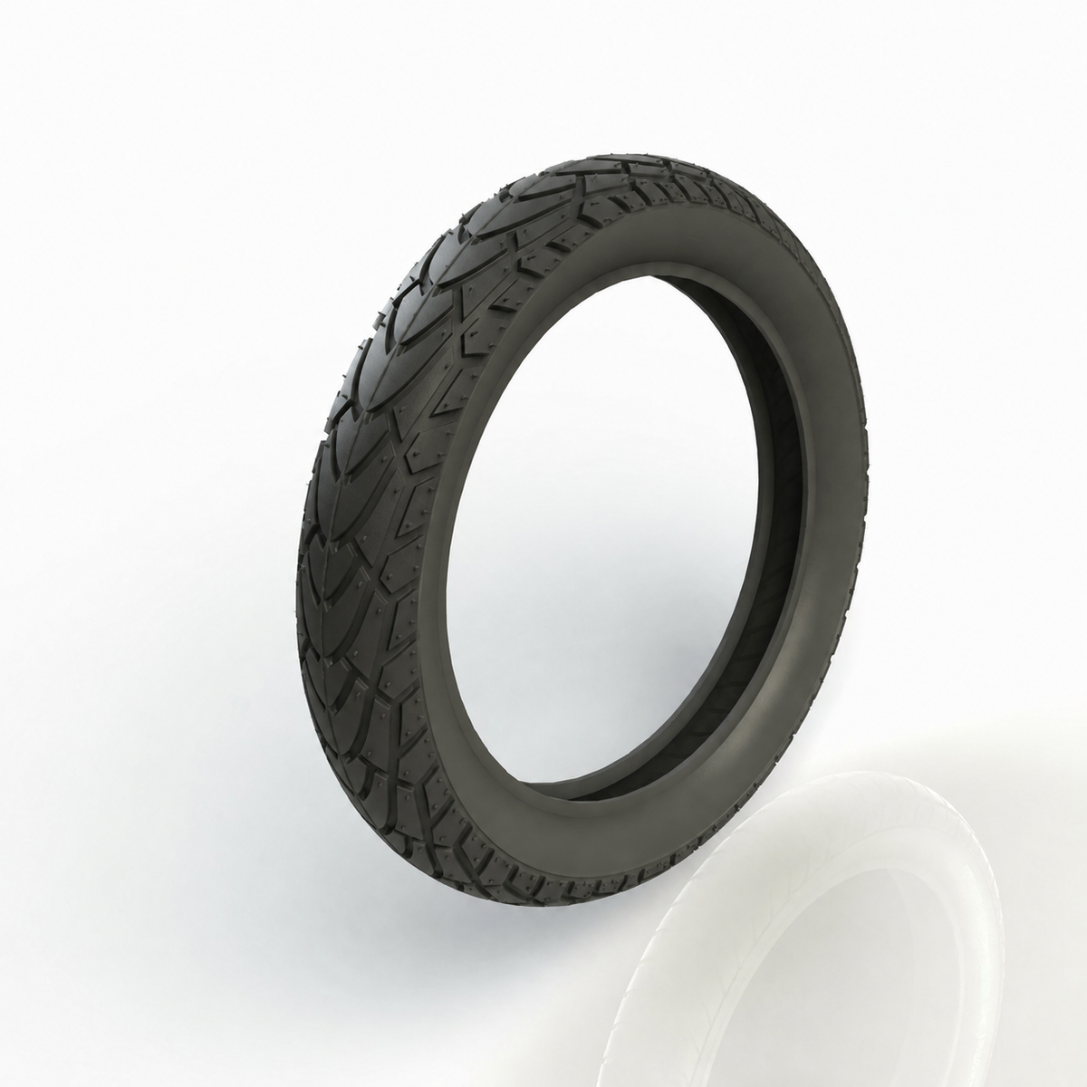 A black rubber tire with a detailed tread pattern, shown at an angle on a clean white background with a soft reflection below.