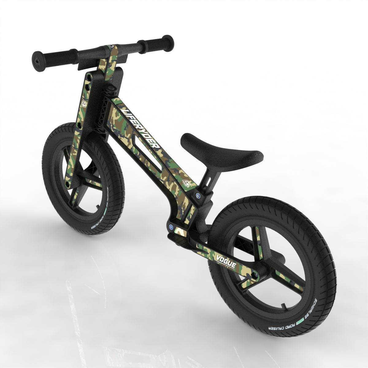 LIFERYDER VOGUE Army Camo 12 inch air tyre balance bike rear view