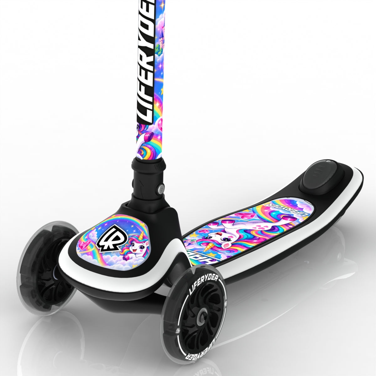 LIFERYDER HALO Rainbow Sparkle three-wheel scooter, closeup
