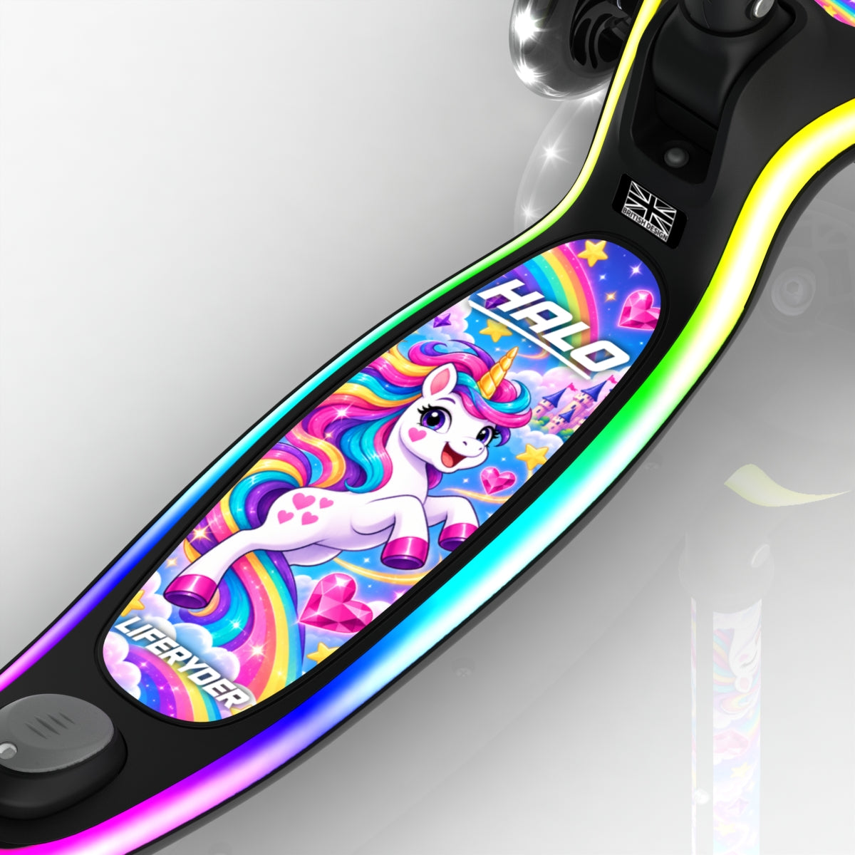 LIFERYDER HALO Rainbow Sparkle three-wheel scooter, deck view