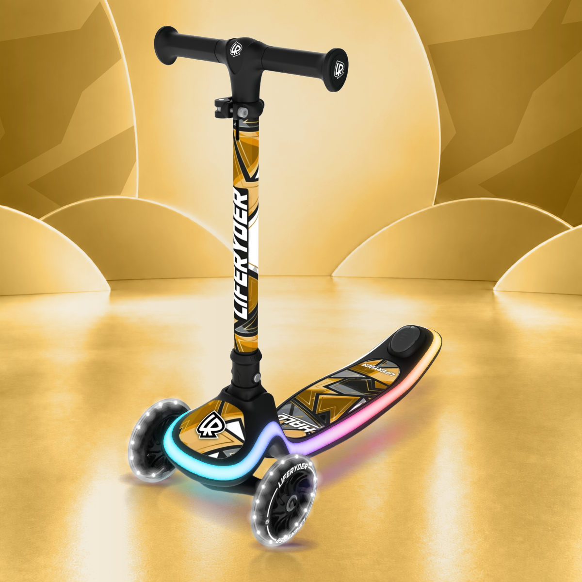 LIFERYDER HALO 24ct Gold three-wheel scooter, front three-quarter view