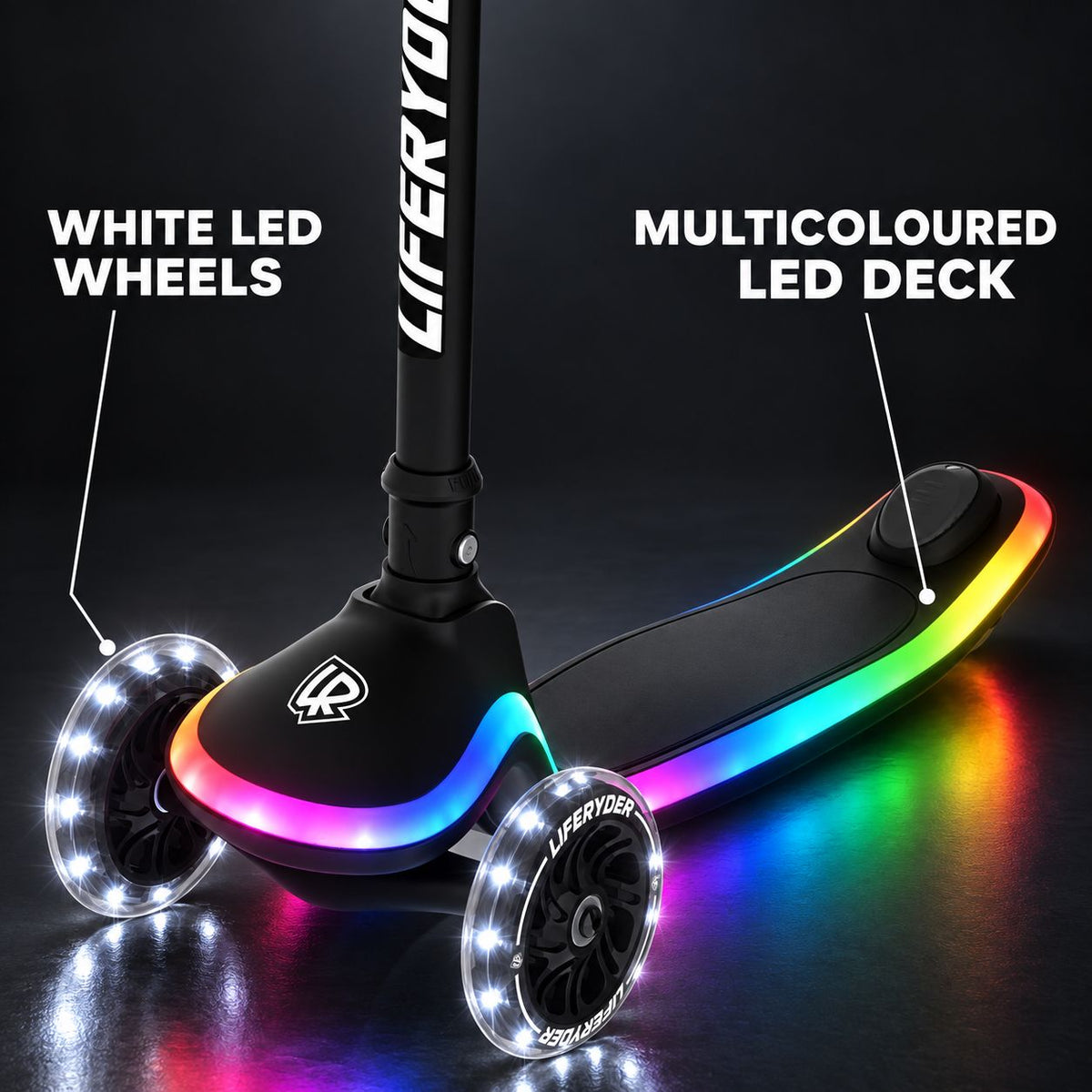 LIFERYDER HALO 3 wheel scooter showing white LED wheels and a multicoloured LED deck in a dark studio.