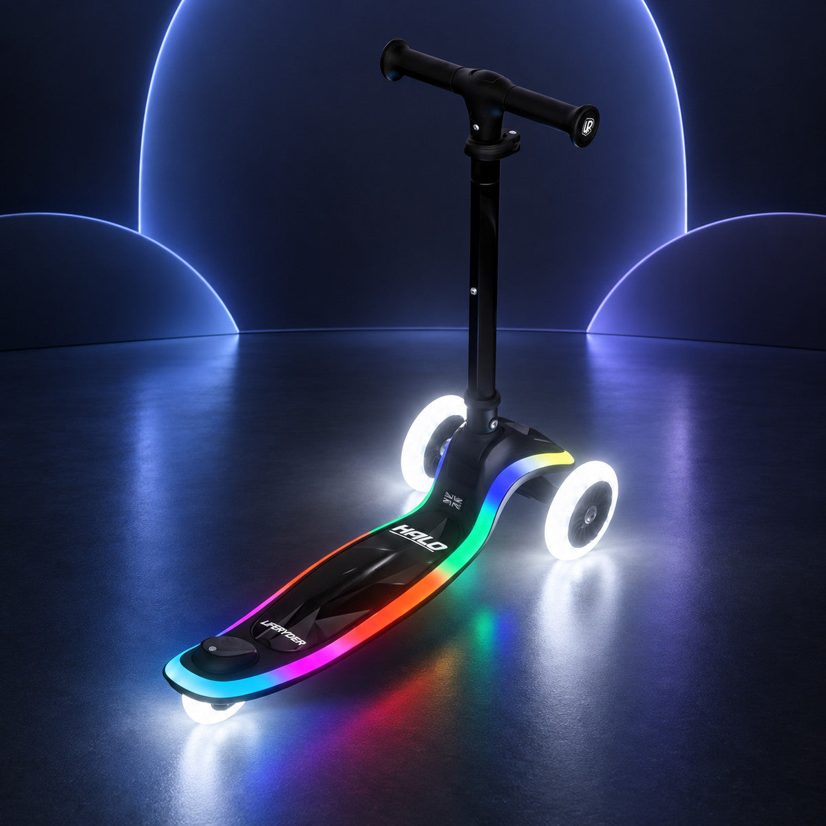 LIFERYDER HALO three-wheel scooter with glowing white LED wheels and multicolour deck lighting in a dark studio