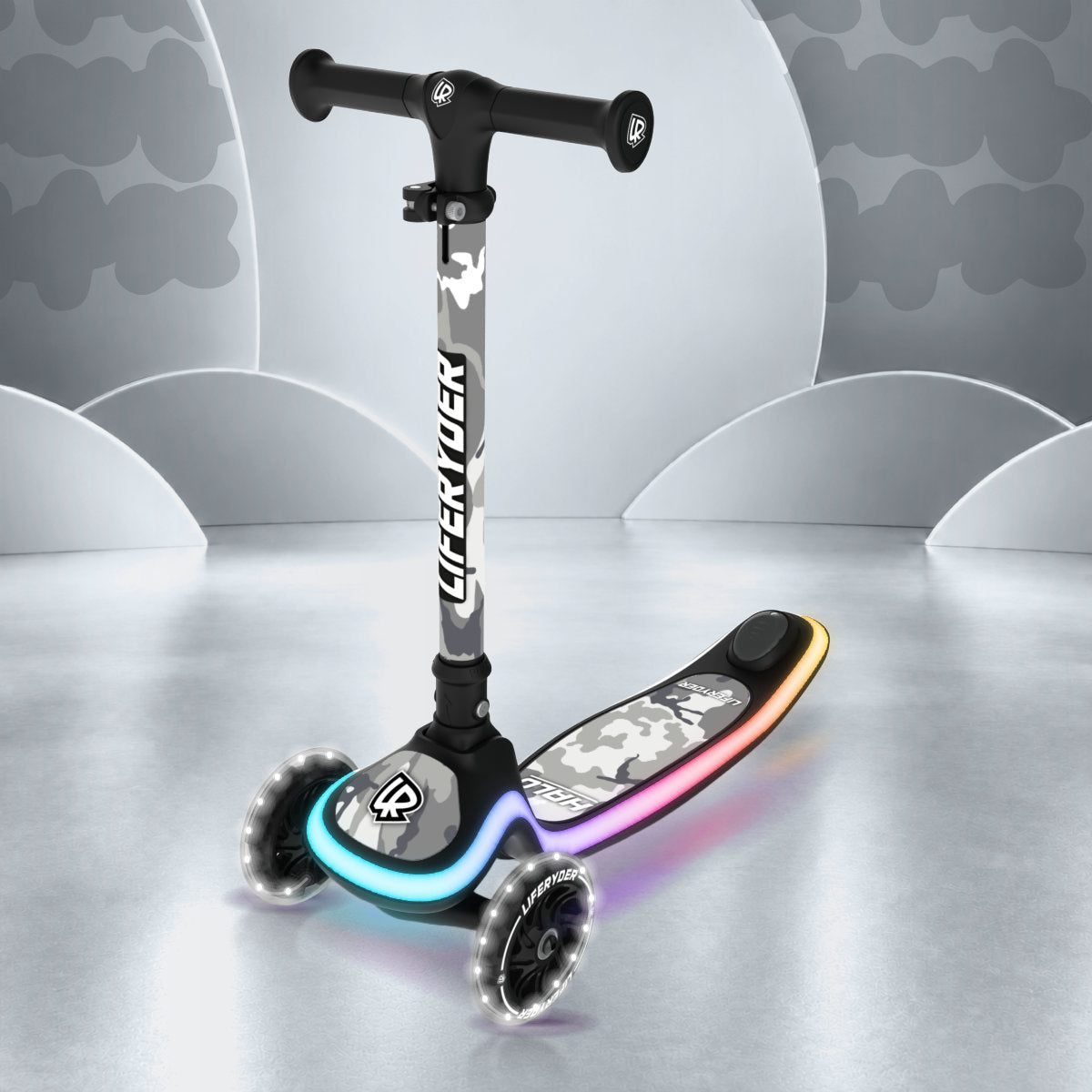 LIFERYDER HALO Arctic Camo three-wheel scooter, front three-quarter view