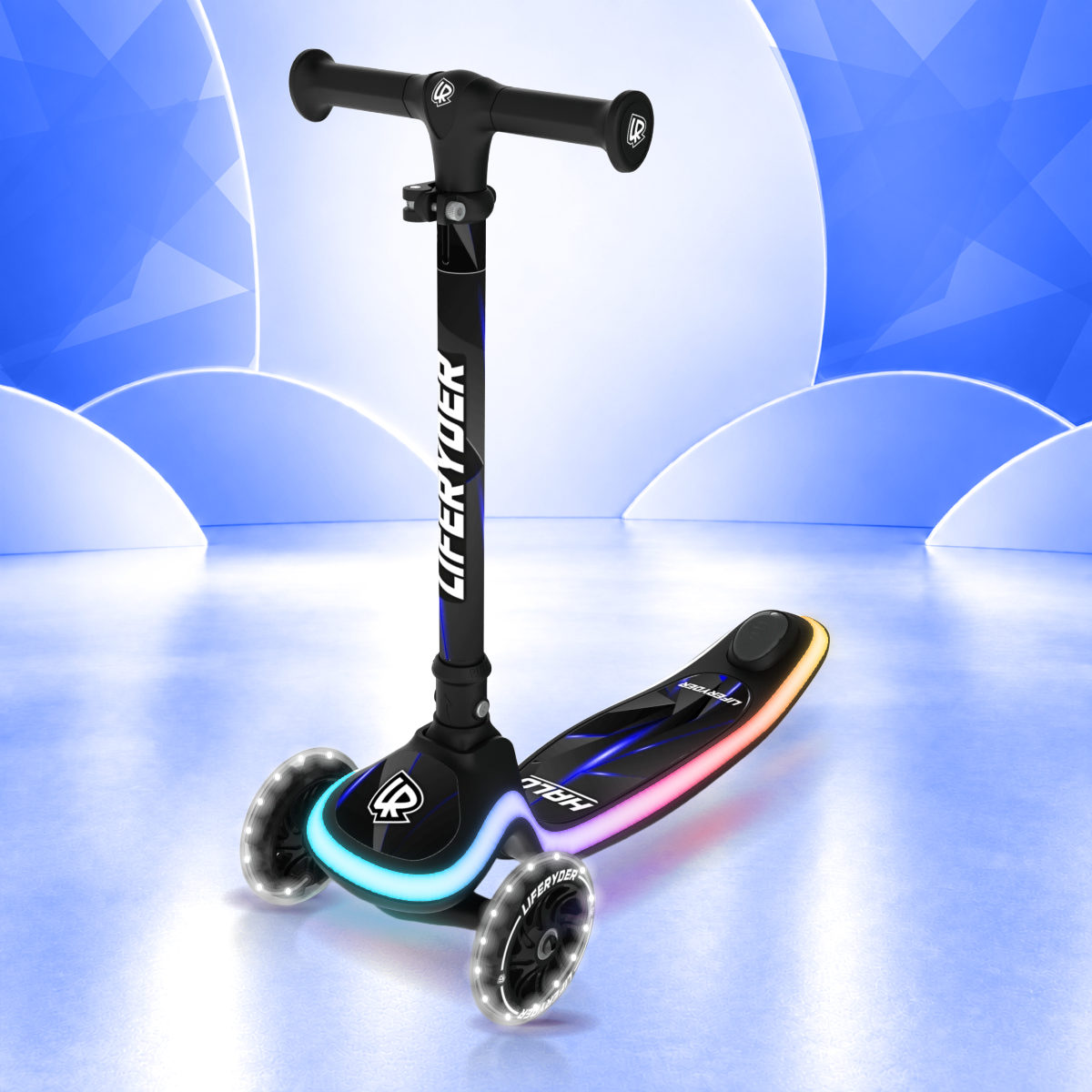 LIFERYDER HALO Blue Stealth three-wheel scooter, front three-quarter view