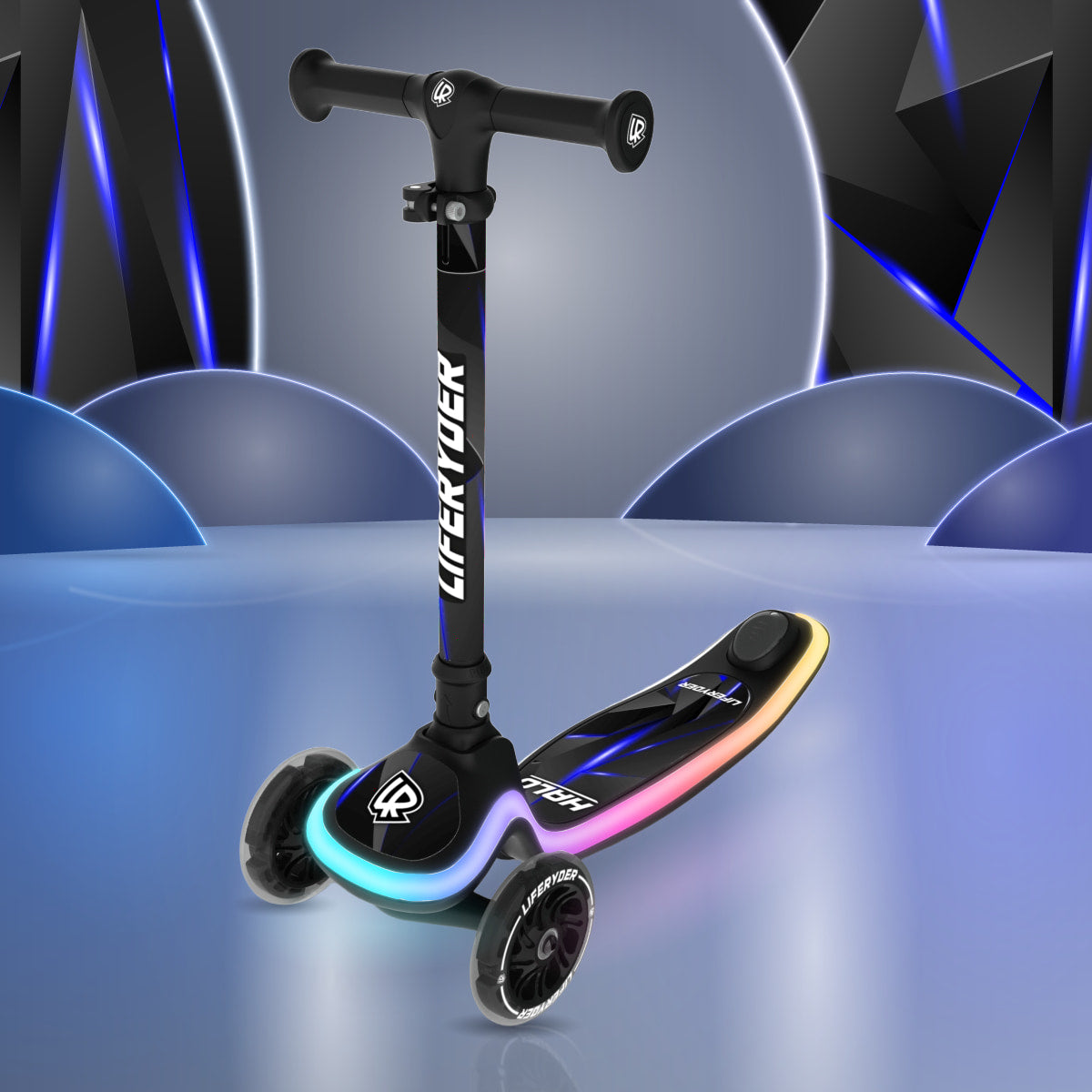 LIFERYDER HALO Blue Stealth three-wheel scooter, front three-quarter view