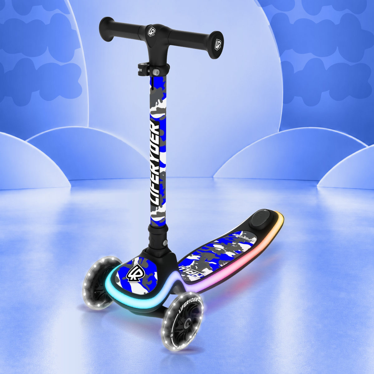 LIFERYDER HALO Blue Storm three-wheel scooter, front three-quarter view