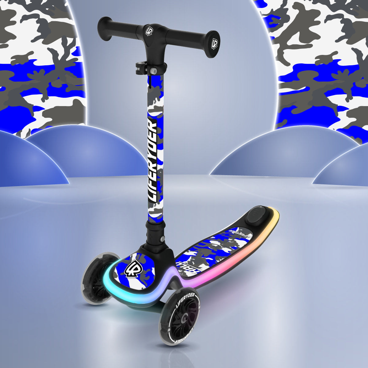 LIFERYDER HALO Blue Storm three-wheel scooter, front three-quarter view