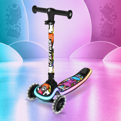 LIFERYDER HALO Carnival Cats three-wheel scooter, front three-quarter view