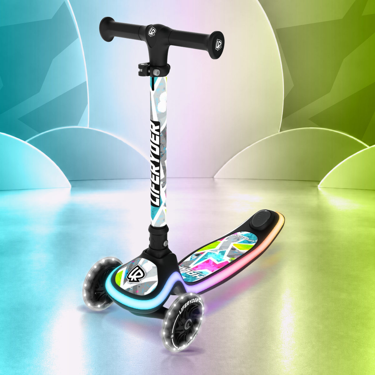 LIFERYDER HALO Citrus three-wheel scooter, front three-quarter view
