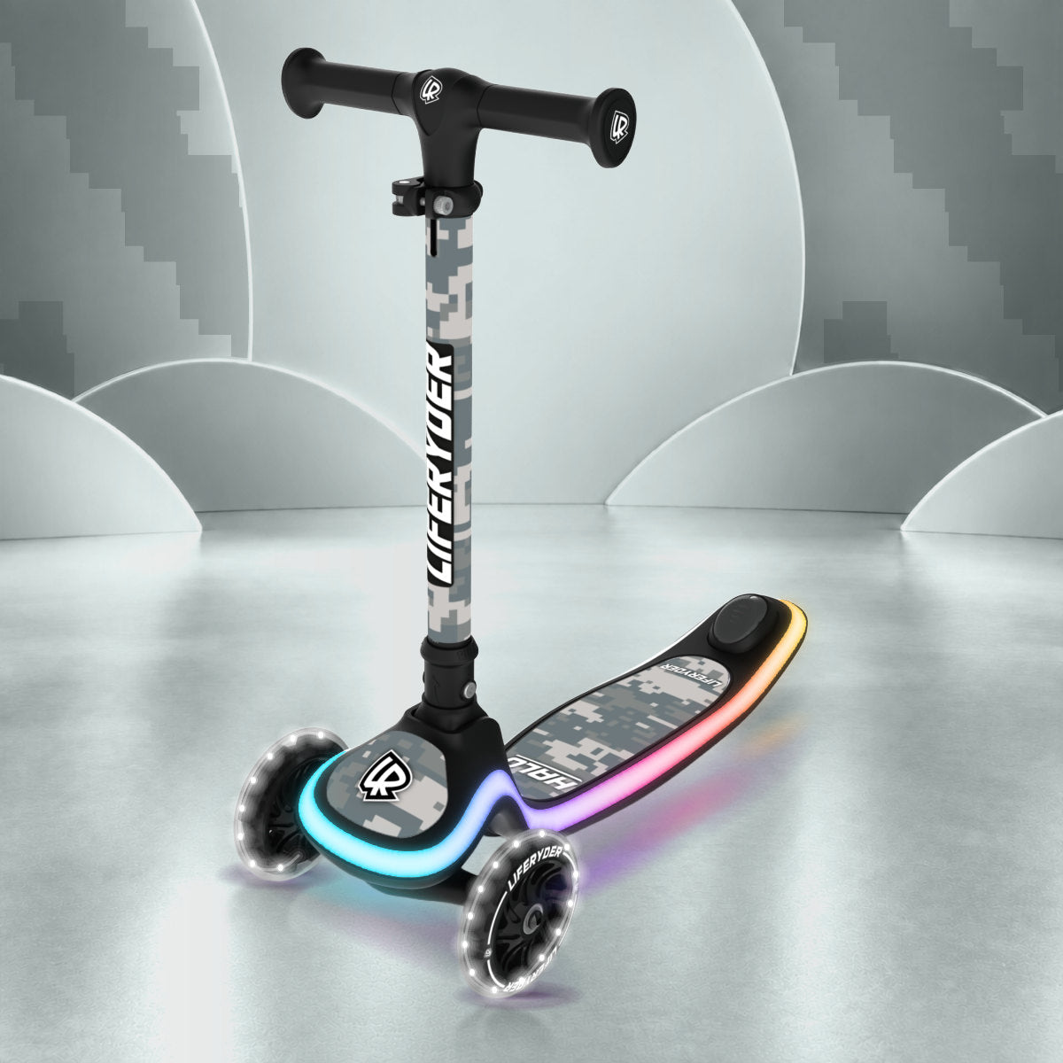 LIFERYDER HALO Digital Camo three-wheel scooter, front three-quarter view