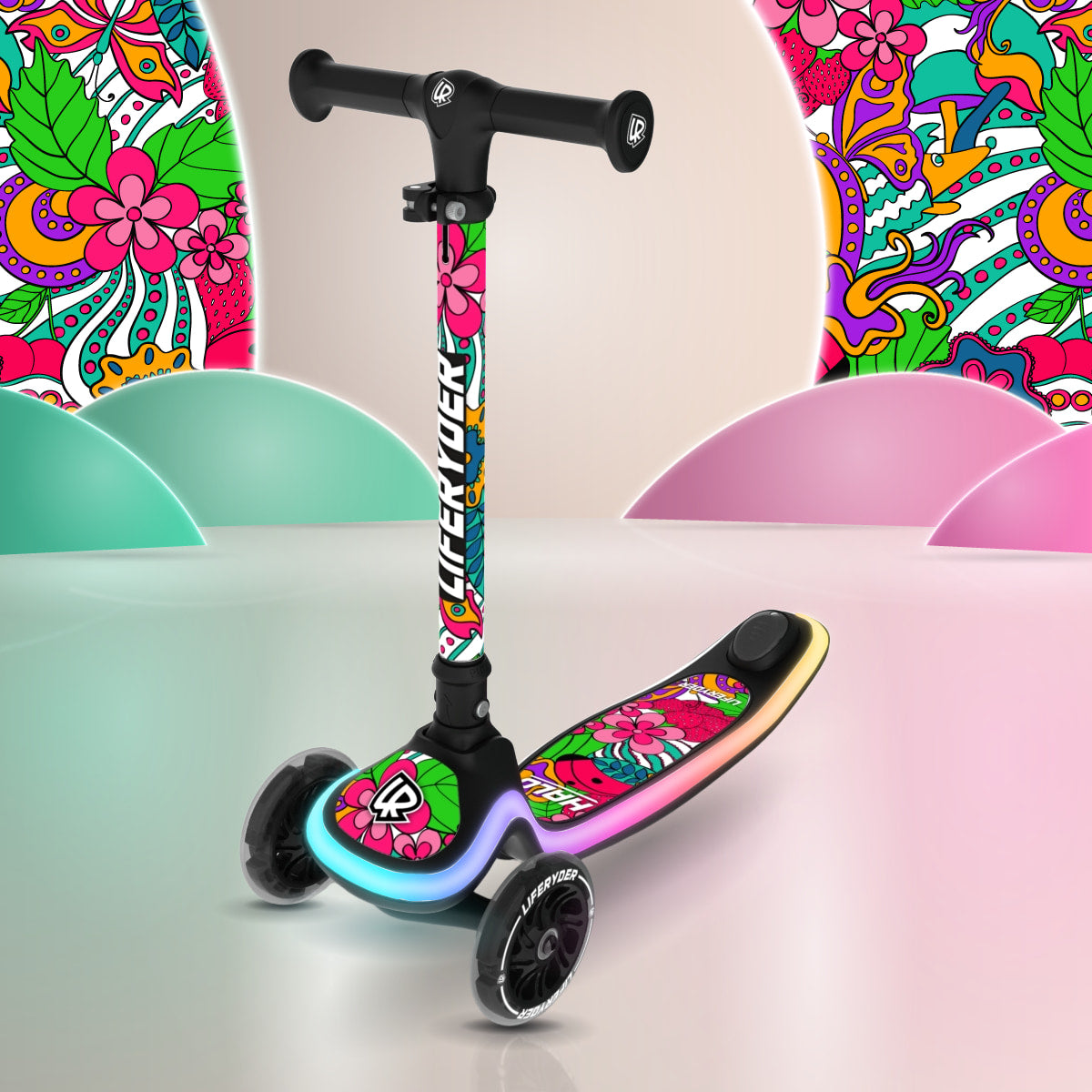LIFERYDER HALO Flower Power three-wheel scooter, front three-quarter view
