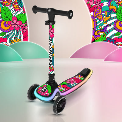 LIFERYDER HALO Flower Power three-wheel scooter, front three-quarter view