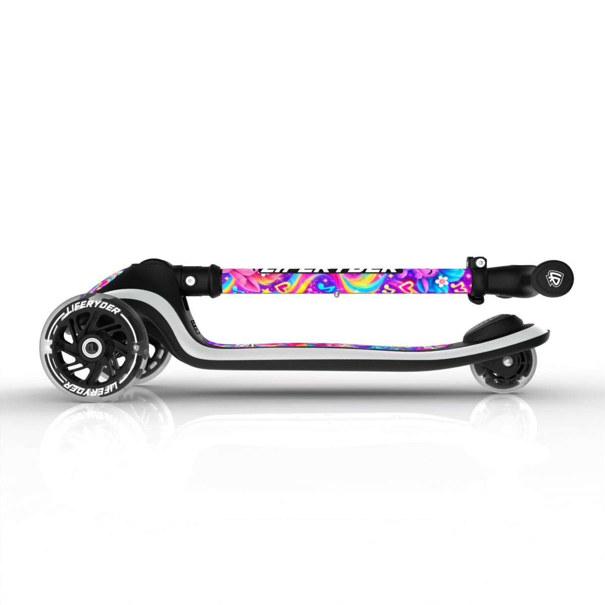 LIFERYDER HALO Fuzzy Beats three-wheel scooter, folded view